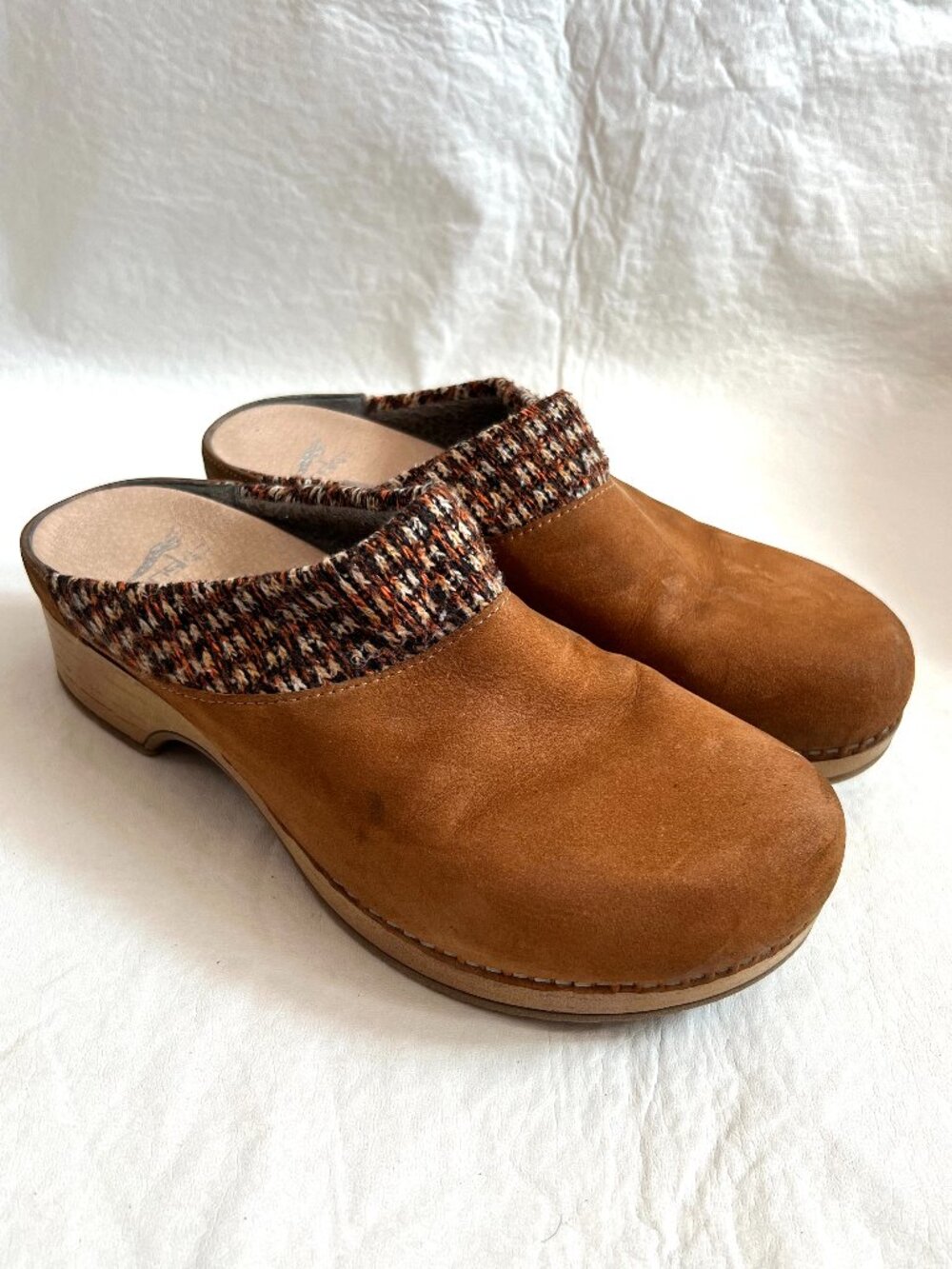 Dansko clogs Bev brown burnished leather knit EU 38 7.5 8 womens slip on shoes